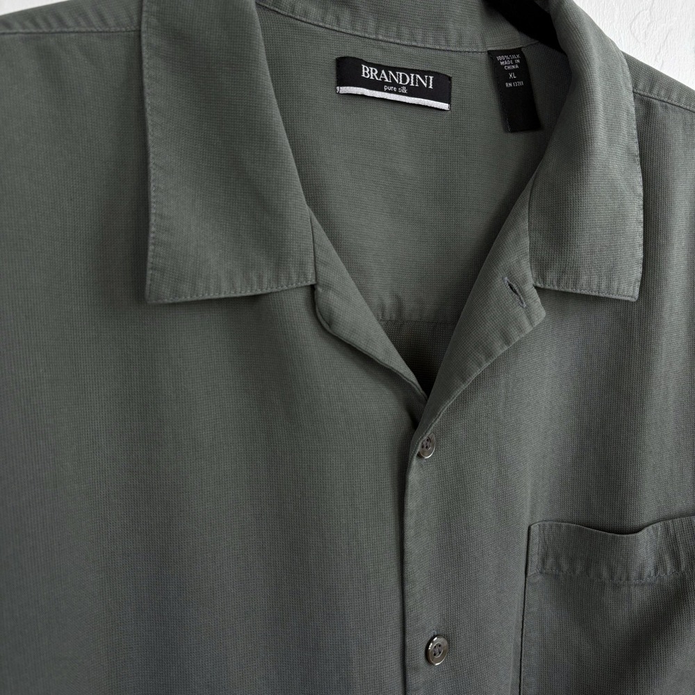 Brandini 100% Silk Camp Collar Shirt Mens XL Short Sleeve Sage Green Button Up - Picture 2 of 7